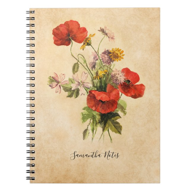 Carnet Monogramme Vintage Bouquet rustique Poppies rouges (Devant)