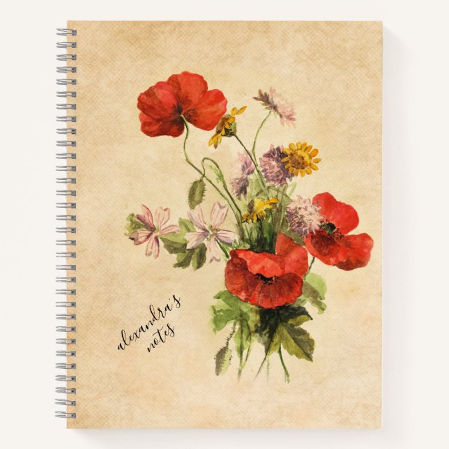Carnet Monogramme Vintage Bouquet rustique Poppies rouges (Devant)