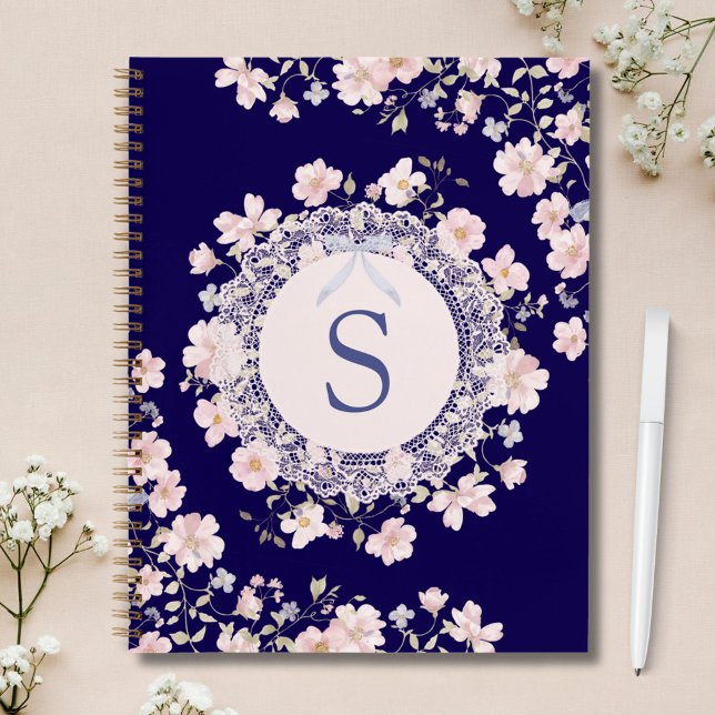 Carnet Monogrammed Pink Flowers and Lace Floral (In situ)