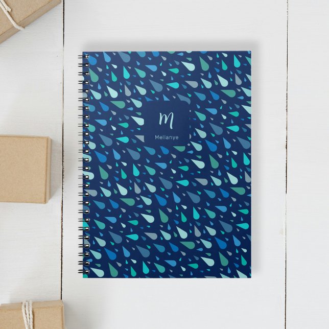 Carnet Monographie et nom personnalisés (Modern blue water drops custom monogram and name notebook)
