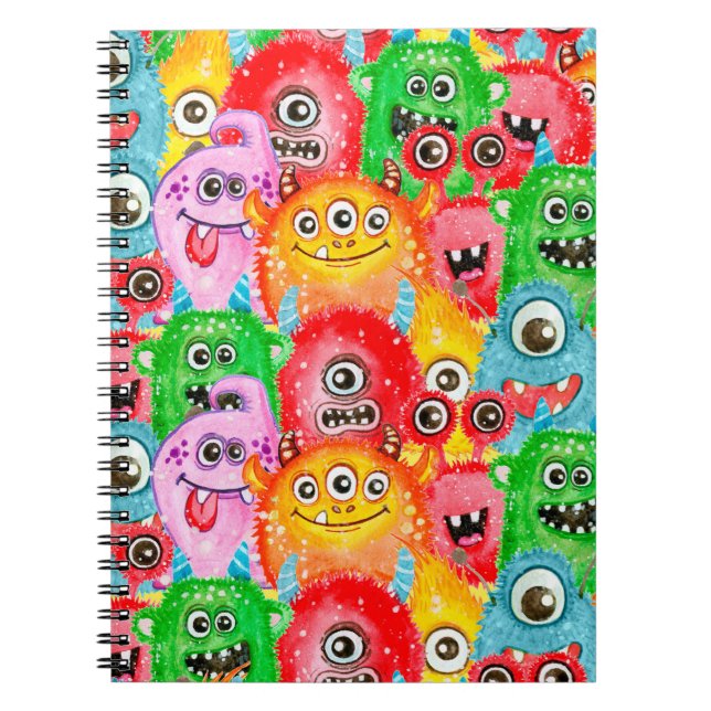 Carnet Monstres Drôle, Aquarelle Motif sans couture. (Devant)