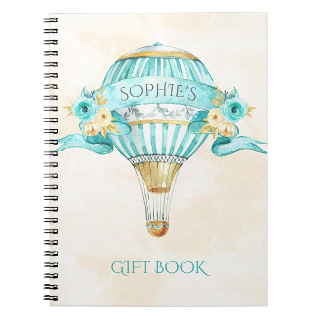 Carnet Montgolfière Turquoise Or Jaune Roses Cadeau (Devant)
