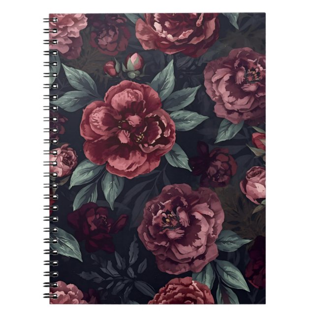 Carnet Moody Florals Watercolor Dark Red Pattern (Devant)