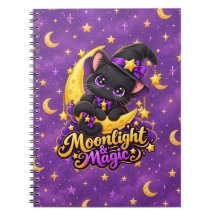 Moonlight Magic Cute Black Cat Witch Notebook