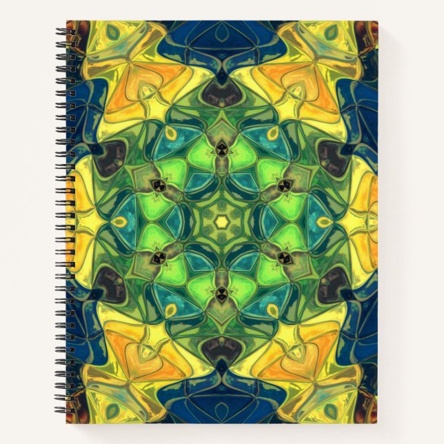 Carnet Mosaic Mandala Flower vert jaune et bleu (Devant)