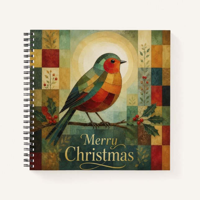 Carnet Mosaïque de Noël Robin Oiseau Houx Baie  (Devant)