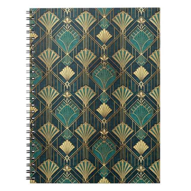Carnet Motif Abstrait Géométrique Art Déco Sarcelle et Or (Devant)