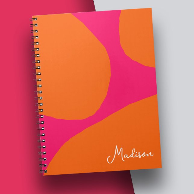 Carnet Motif Abstrait rose et orange chaud avec nom (Bright and bold hot pink and orange notebook to personalize with your name.)