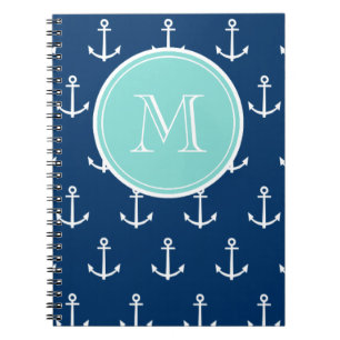 Carnet Motif blanc d'Ancres de bleu marine, Monogr vert