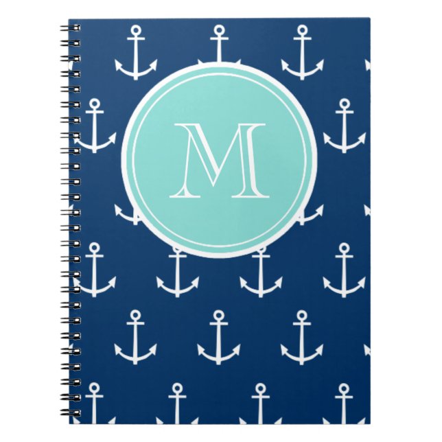 Carnet Motif blanc d'Ancres de bleu marine, Monogr vert (Devant)