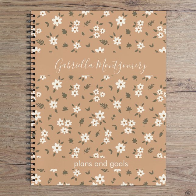 Carnet Motif botanique floral boho fille texte marron nom (Créateur téléchargé)