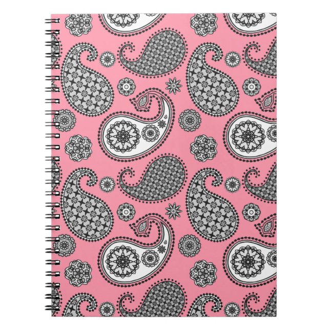 Carnet Motif cachemire, nuances de gris sur rose (Devant)