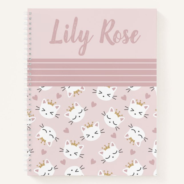 Carnet Motif chat mignon rose personnalisé pour enfants (Devant)