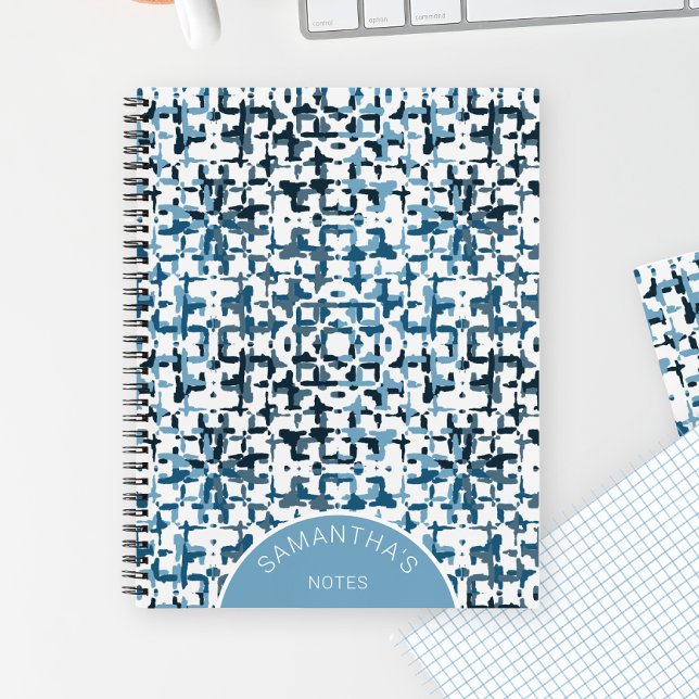 Carnet Motif Chic Moderne Bleu Nom Personnalisé Simple (Blue Modern Chic Pattern Personalized Name Simple Notebook)