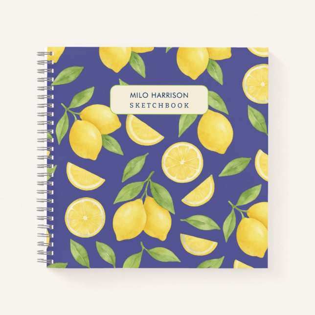 Carnet Motif citron bleu aquarelle personnalisé (Devant)