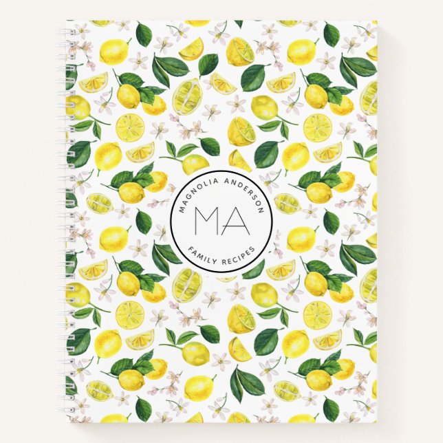 Carnet Motif citron Nom du monogramme Recette (Devant)