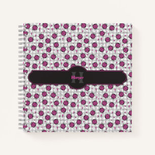 Carnet Motif coccinelle rose vif sur monogramme à carreau