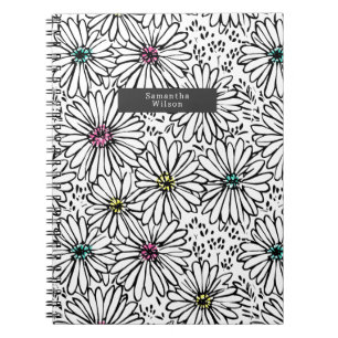 Carnet Motif coloré noir + blanc marguerites