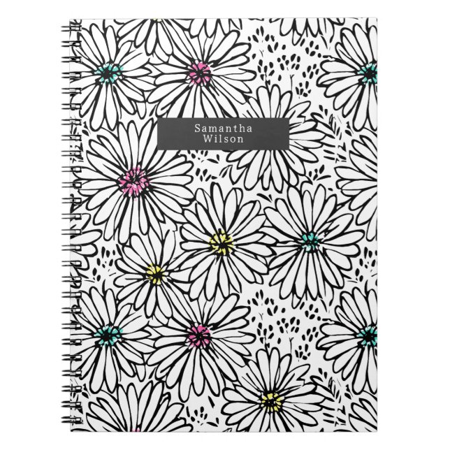 Carnet Motif coloré noir + blanc marguerites (Devant)