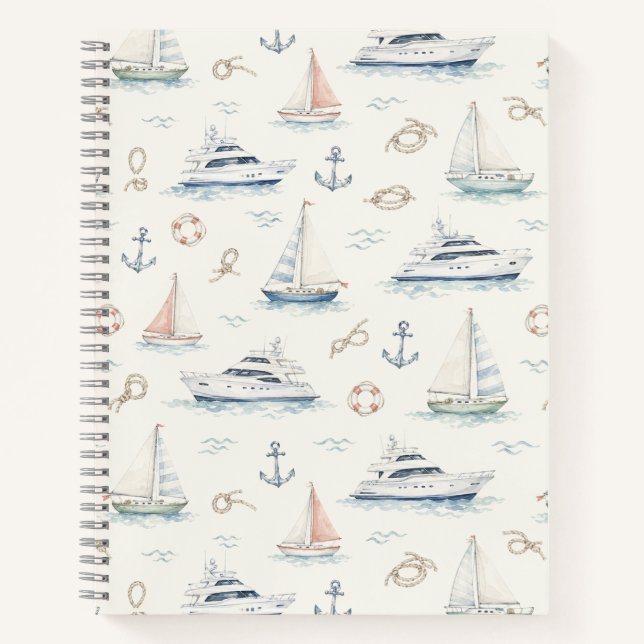 Carnet Motif côtier à l'aquarelle de yacht de luxe (Devant)