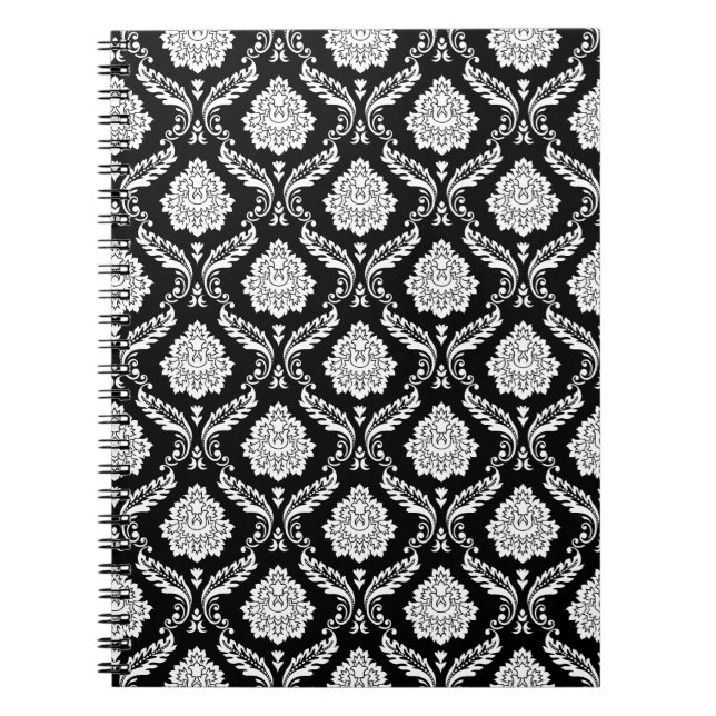 Carnet Motif Damassé Rococo Blanc sur Fond Noir  (Devant)