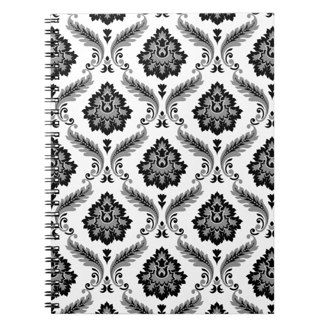 Carnet Motif Damassé Rococo Gris Noir Blanc (Devant)