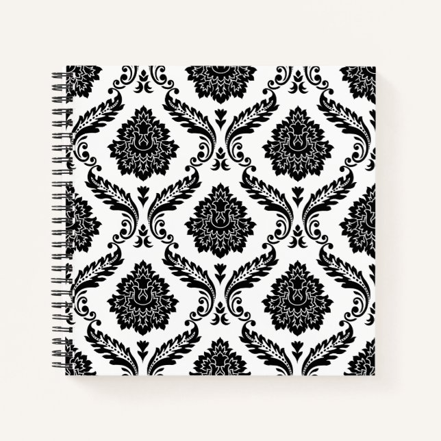 Carnet Motif Damassé Rococo Noir sur Blanc (Devant)