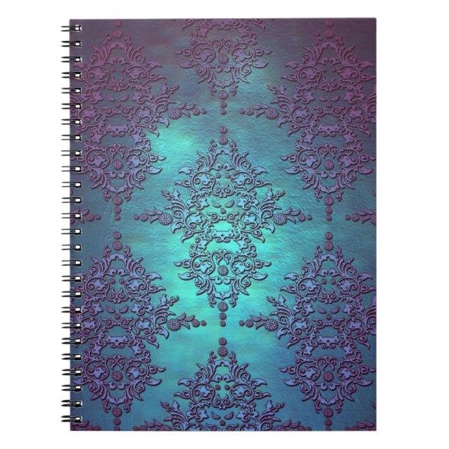 Carnet Motif damassé sarcelle élégant à violet (Devant)