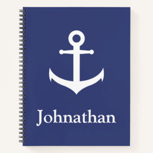 Carnet Motif d'ancre bleu marine et blanc au dos nom 