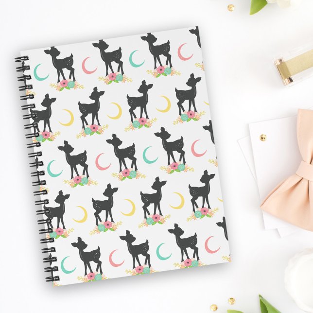Carnet Motif de cerfs, Cerf de bébé, Boho, Fleurs, Lune (Créateur téléchargé)