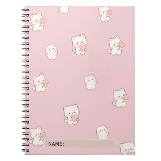 Carnet Motif de chat blanc mignon – Cœurs et fleurs Kawai