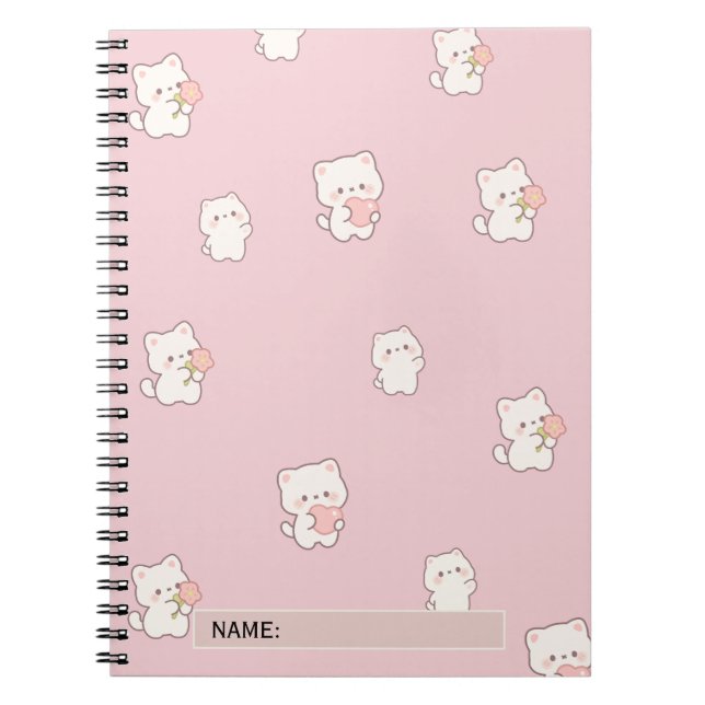 Carnet Motif de chat blanc mignon – Cœurs et fleurs Kawai (Devant)