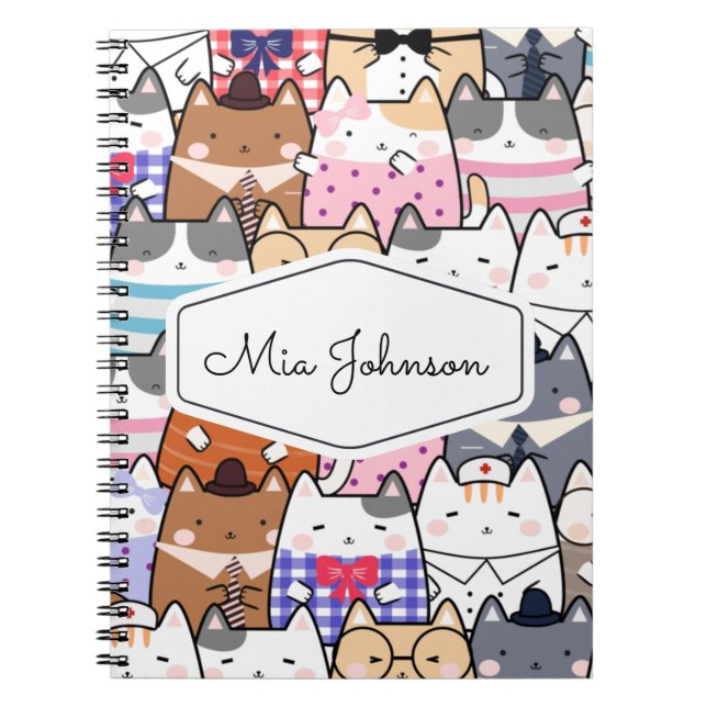 Carnet Motif de chat mignon enjoué avec le nom de l'enfan (Devant)