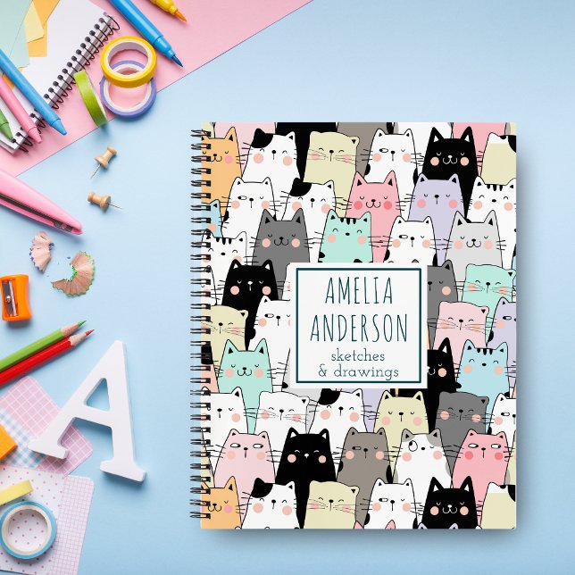 Carnet Motif de chats Kawaii mignons Personnaliser le nom (Créateur téléchargé)