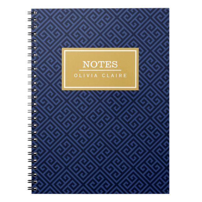 Carnet Motif de clé grecque de marine Modèle de nom or (Devant)