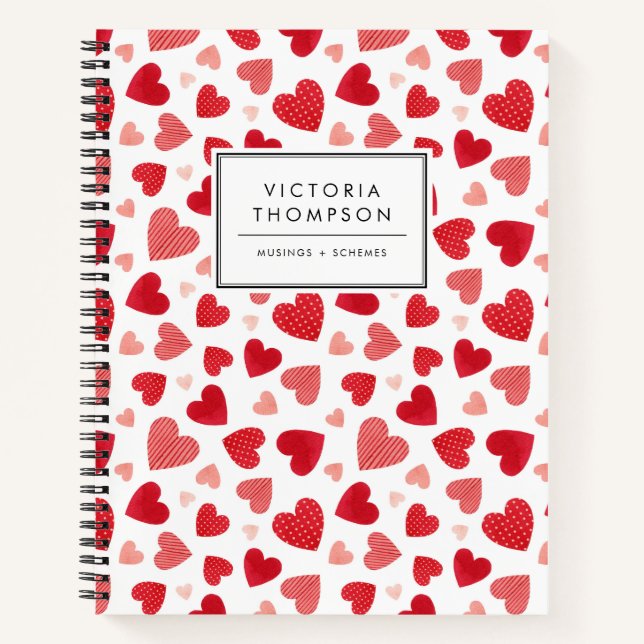Carnet Motif de coeurs en patchwork aquarelle rouge migno (Devant)