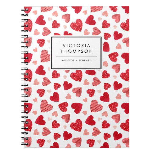 Carnet Motif de coeurs en patchwork aquarelle rouge migno (Devant)