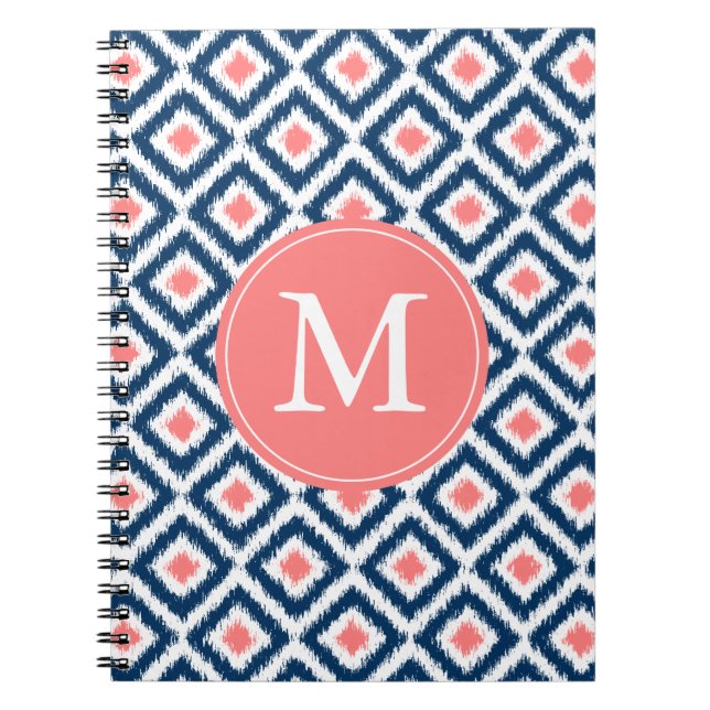 Carnet Motif de corail bleu décoré d'un monogramme d'Ikat (Devant)