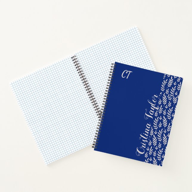 Carnet Motif de feuille rose vierge monogramme sur bleu (Intérieur)