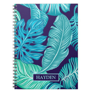 Carnet Motif de feuilles vert bleu tropical personnalisé