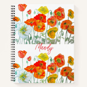 Carnet Motif de fleur de pavot rouge orange aquarelle