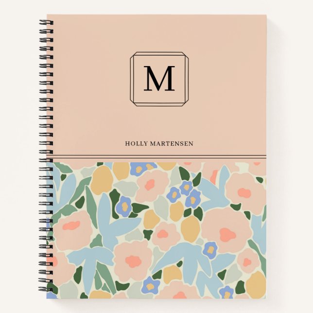 Carnet Motif de fleur rose pastel Monogram bleu clair Non (Devant)