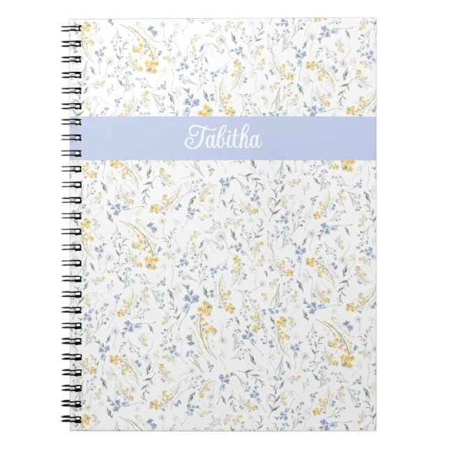 Carnet Motif de fleur sauvage bleue et jaune avec nom per (Devant)