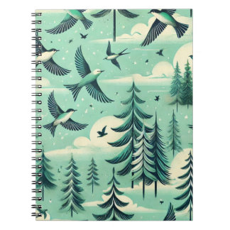 Carnet Motif de forêt et d'oiseaux vert sarcelle