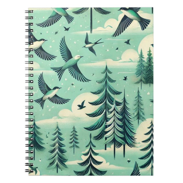 Carnet Motif de forêt et d'oiseaux vert sarcelle (Devant)