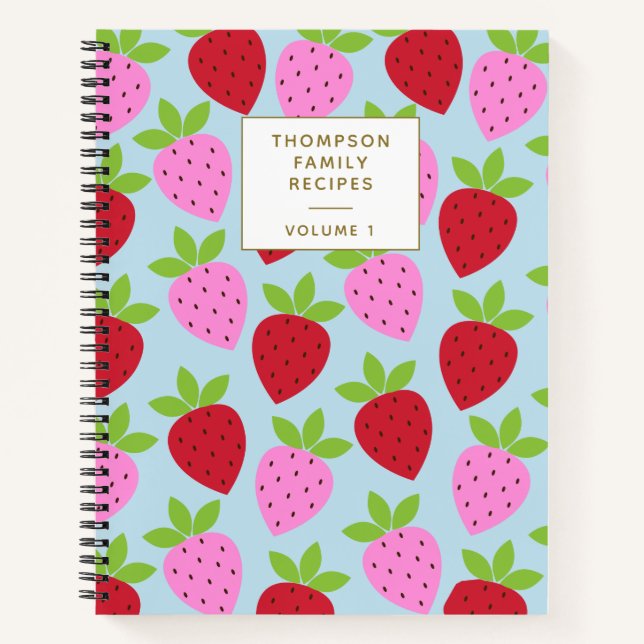 Carnet Motif de fraises Recettes personnalisées bleu rose (Devant)