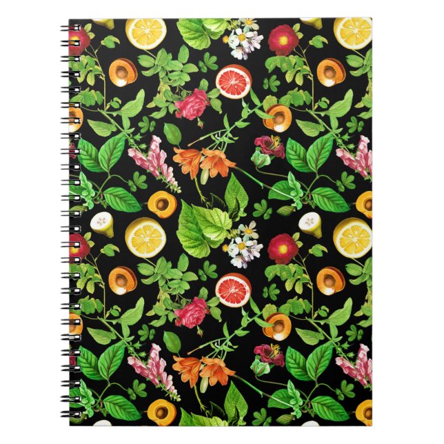 Carnet Motif de fruits et de feuilles sur fond noir (Devant)