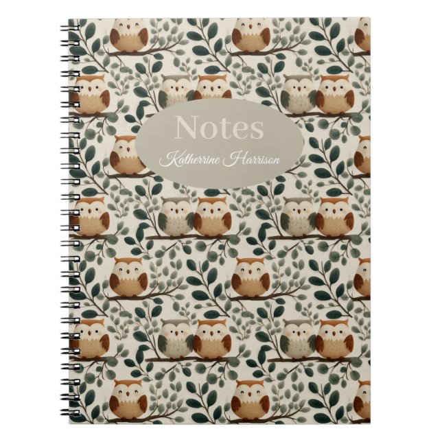 Carnet Motif de hibou et de feuille de forêt (Devant)