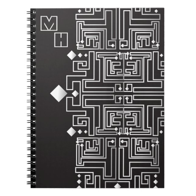 Carnet Motif de labyrinthe noir et blanc monogrammé (Devant)