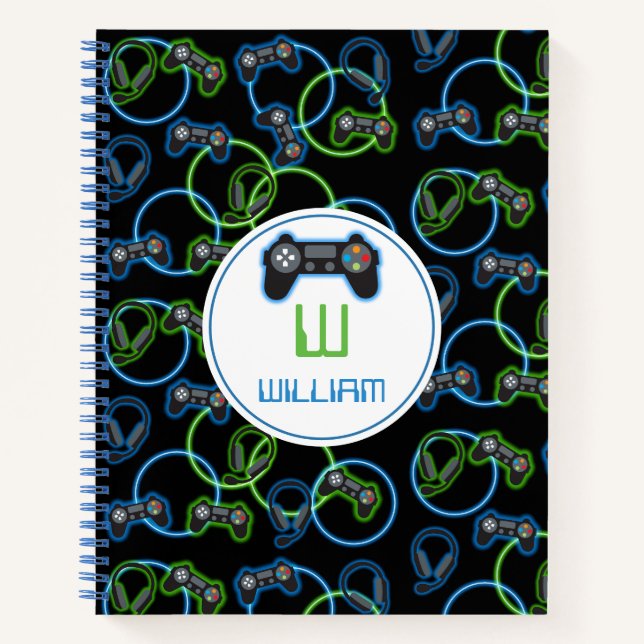 Carnet Motif de monogramme bleu néon et vert de jeu vidéo (Devant)